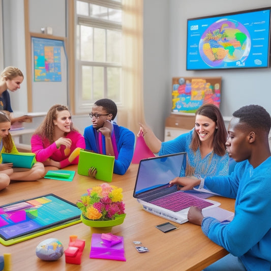 A bustling virtual classroom with diverse students engaged on laptops, tablets, and desktops, surrounded by colorful math-related props, and a teacher gesturing enthusiastically in front of a digital whiteboard.