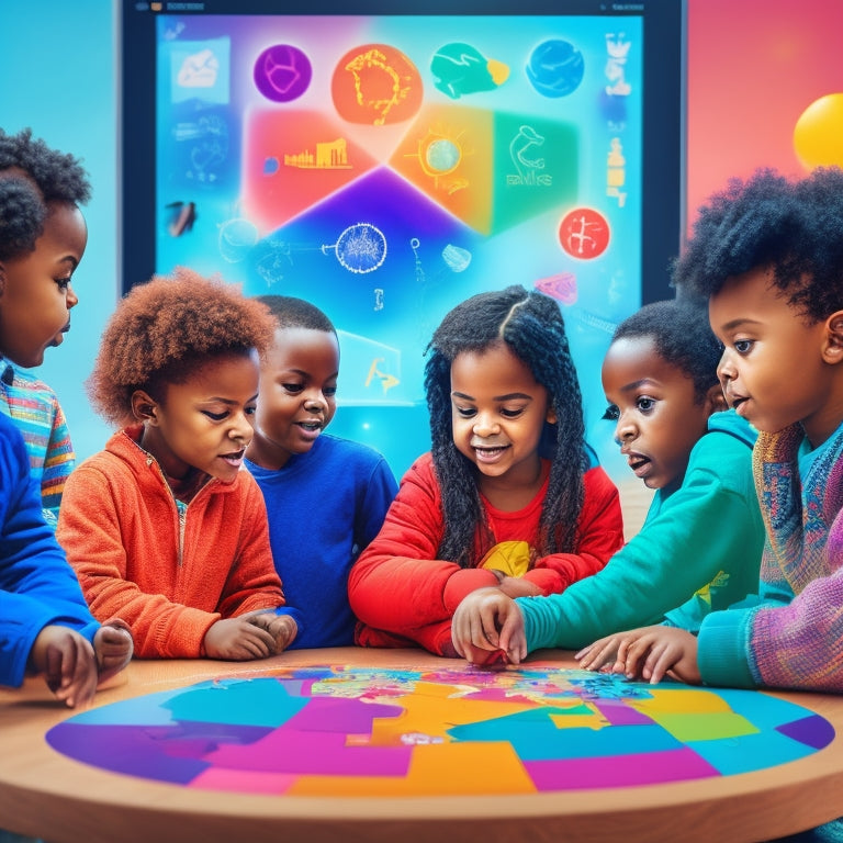 A colorful illustration of diverse kids (ages 6-12) gathered around a large touchscreen, surrounded by math symbols and shapes, interactively solving puzzles with excited expressions and gestures.