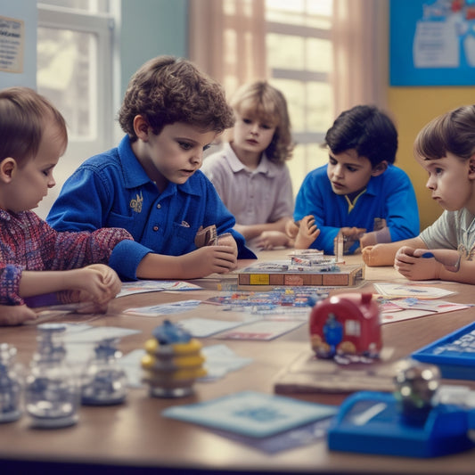 A colorful, clutter-free classroom scene: 2nd graders gathered around a table, counting coins and bills, surrounded by piggy banks, calculators, and a Monopoly board in the background.