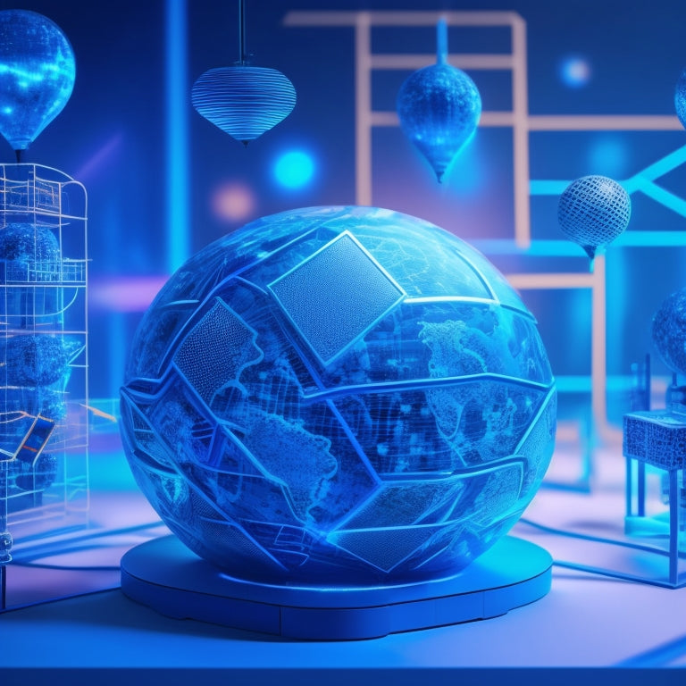 A futuristic, minimalist background with a stylized, 3D digital globe surrounded by scattered math toys, blocks, and geometric shapes, with glowing blue circuits and wires intertwined.