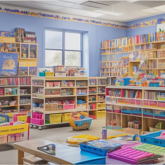 A colorful, clutter-free classroom filled with shelves of neatly organized books, baskets of art supplies, and a variety of educational gadgets, surrounded by happy, diverse students engaged in learning.