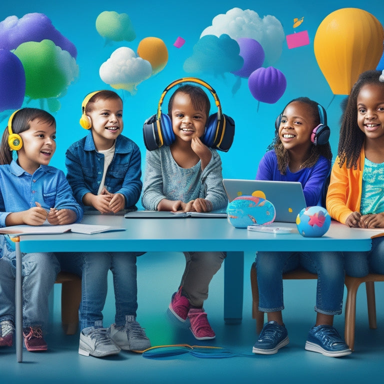 A colorful illustration of a diverse group of children aged 6-12, sitting in a virtual classroom, surrounded by laptops, headphones, and language learning tools, with speech bubbles and thought clouds in various languages.