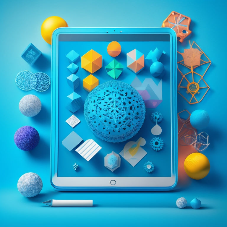 A colorful, modern illustration of a tablet surrounded by orbiting math and science icons, such as gears, atoms, and geometric shapes, set against a gradient blue background with subtle grid lines.