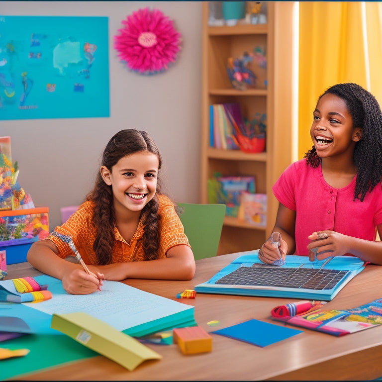 An illustration of a homeschooling setup, featuring a smiling teacher and student duo surrounded by colorful papers, pens, and a laptop, with a subtle background of a corkboard adorned with stickers and grades.