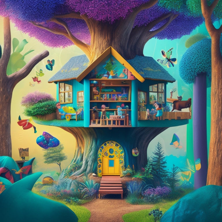 A colorful, whimsical illustration of a treehouse filled with diverse, curious children surrounded by learning tools, such as blocks, puzzles, and books, amidst a lush, vibrant forest with fluttering butterflies.