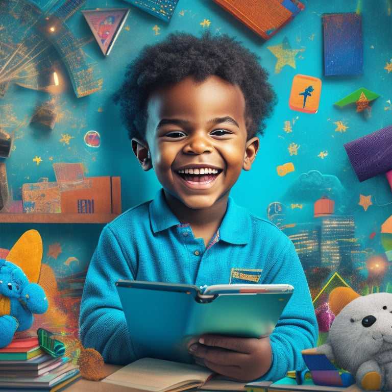 An illustration of a smiling child surrounded by various digital devices, with colorful reading and writing apps open on screens, amidst a whimsical background of books, pencils, and stars.