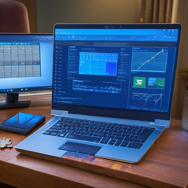 A laptop screen displaying a split-screen layout with a digital calculator, a geometric shape puzzle, and a graphing chart on one side, and a virtual chalkboard with math equations and formulas on the other.