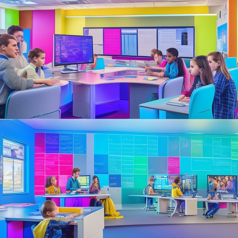 A colorful, futuristic classroom with interactive whiteboards, tablets, and laptops displaying various math apps and software, surrounded by diverse students collaborating and engaged in learning activities.