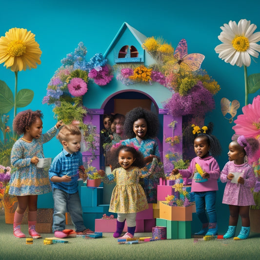 A vibrant, whimsical illustration featuring a diverse group of children surrounded by building blocks, art supplies, and imaginative playsets, with a subtle background of blooming flowers and fluttering butterflies.