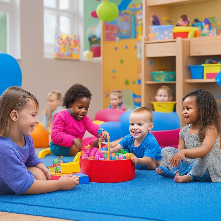 A colorful, clutter-free playroom with a diverse group of preschoolers engaged with various educational toys, including building blocks, shape sorters, and sensory tables, surrounded by smiling teachers.