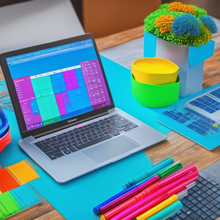 A laptop with a bright, glowing math problem on the screen, surrounded by organized notes, colorful pens, and a clock with a subtle green checkmark, set against a calm, blue background with subtle grid lines.