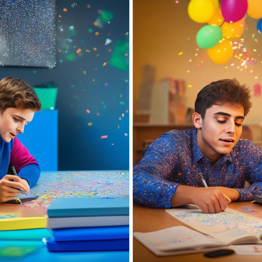 Illustrate a split-screen image: on the left, a frustrated student sitting at a cluttered desk surrounded by worksheets and textbooks; on the right, a joyful student playing a math-based video game on a tablet, with confetti and stars in the background.