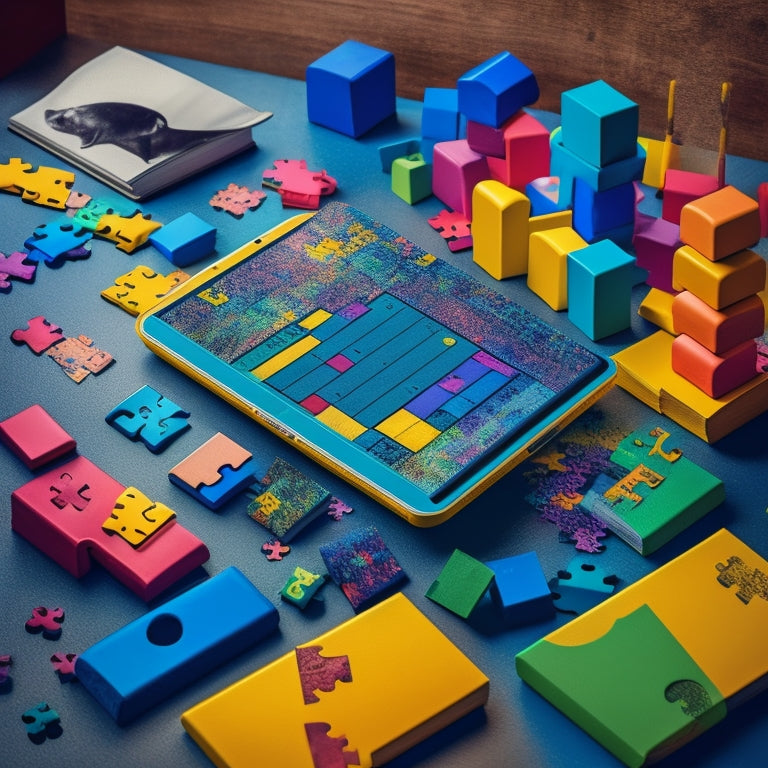 A colorful illustration of a tablet surrounded by scattered puzzle pieces, building blocks, and a few open books, with a subtle background of a child's desk or play area.