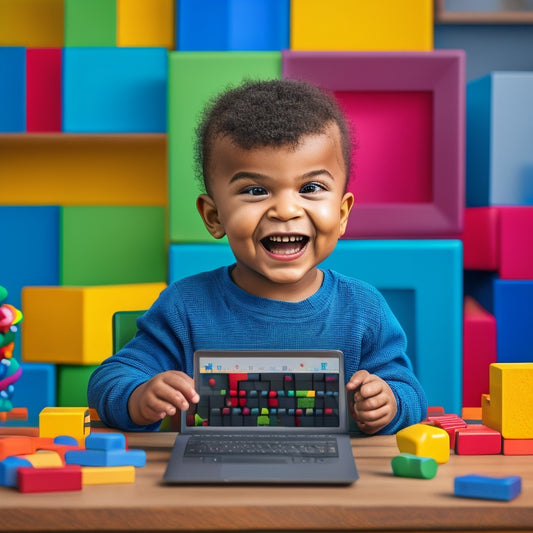 A colorful illustration of a smiling kindergarten-aged child sitting in front of a laptop, surrounded by blocks, shapes, and toys, with a fun math game displayed on the screen.