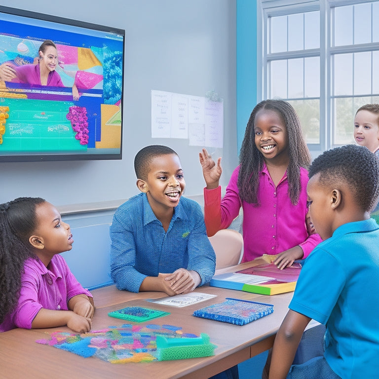 A colorful classroom scene with engaged 4th-grade students gathered around a large, touchscreen interactive whiteboard, surrounded by math manipulatives, charts, and diagrams, with excited facial expressions and collaborative body language.