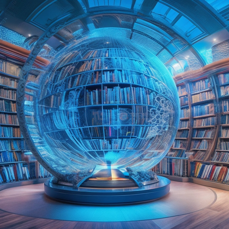 A vibrant, futuristic library interior with glowing screens, colorful bookshelves, and a massive, swirling vortex of diverse icons (e.g., globe, microscope, musical note) emerging from a central database terminal.