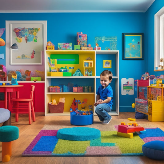 A colorful, clutter-free playroom with a 7-year-old child surrounded by various educational toys, including a microscope, building blocks, and a puzzle, with a subtle, encouraging smile on their face.