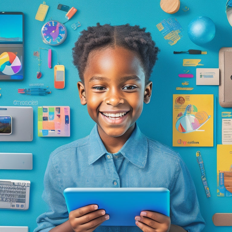 A colorful, clutter-free illustration featuring a smiling elementary-aged student surrounded by various digital devices, such as a tablet, laptop, and smartphone, with math-related icons and symbols floating around them.