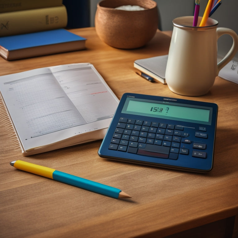 A minimalist illustration of an Android tablet on a wooden desk, surrounded by math textbooks, pencils, and a calculator, with a subtle glow around the tablet screen.