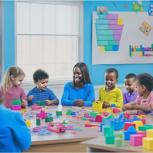 A colorful illustration of a cheerful kindergarten classroom with a teacher standing at a table surrounded by excited students, worksheets, blocks, and counting manipulatives scattered around.