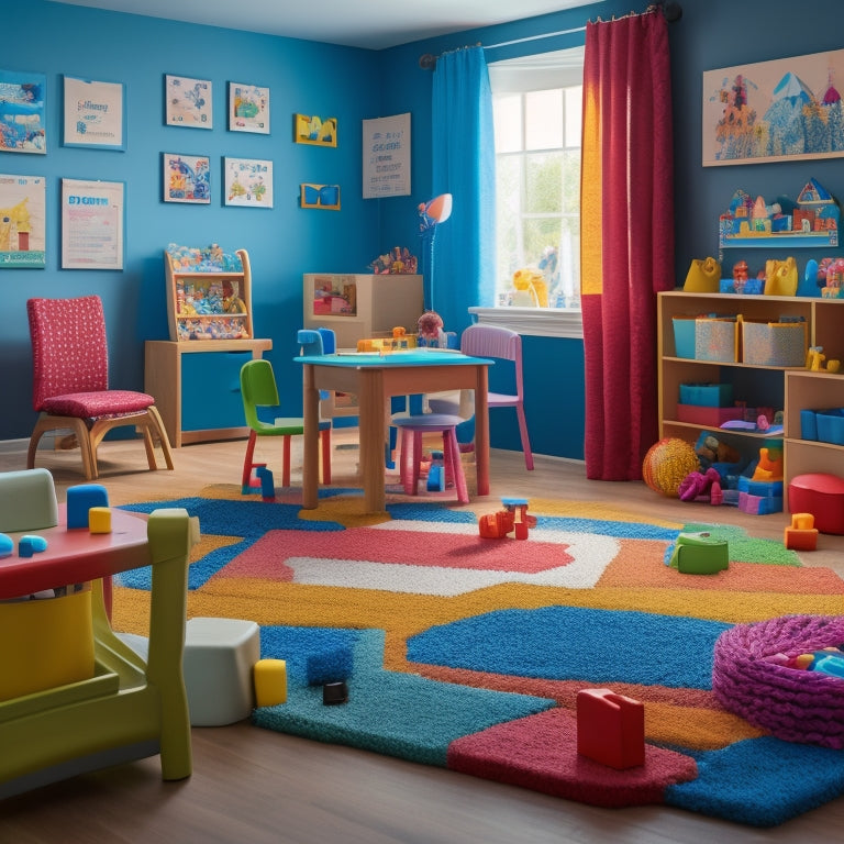A colorful, clutter-free playroom with a diverse group of toddlers engaged in various cognitive activities: puzzles, building blocks, shape sorters, and sensory play, surrounded by educational toys and props.