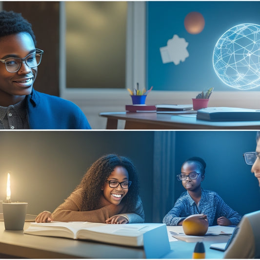 A split-screen illustration featuring a confident student surrounded by glowing math symbols and a calm, organized study space on one side, and a compassionate, experienced tutor with a warm smile and a virtual whiteboard on the other.