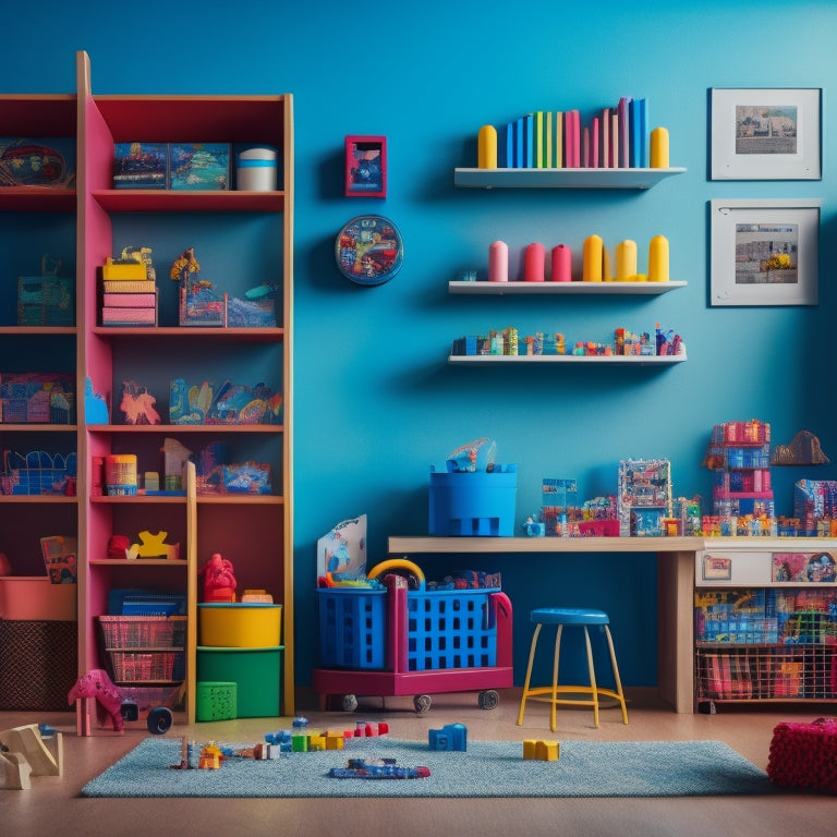 A colorful, clutter-free playroom background with various educational toys and materials arranged on shelves and tables, including building blocks, puzzles, art supplies, and a microscope.