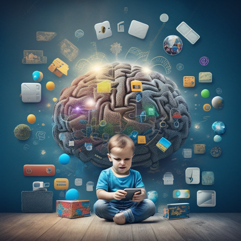 A whimsical illustration of a young child's brain as a labyrinth, with puzzle pieces, gears, and sparks flying out, surrounded by tablets and smartphones with app icons and thought bubbles.