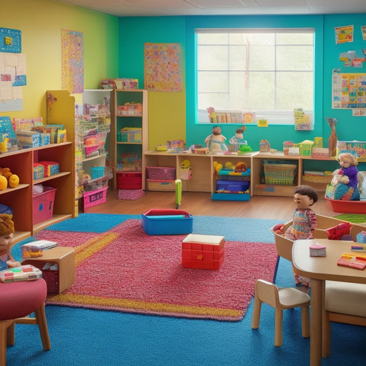 A colorful, clutter-free classroom with a carpeted reading nook, wooden blocks, and shelves stocked with board games, puzzles, and baskets of diverse, multicultural dolls and play food.