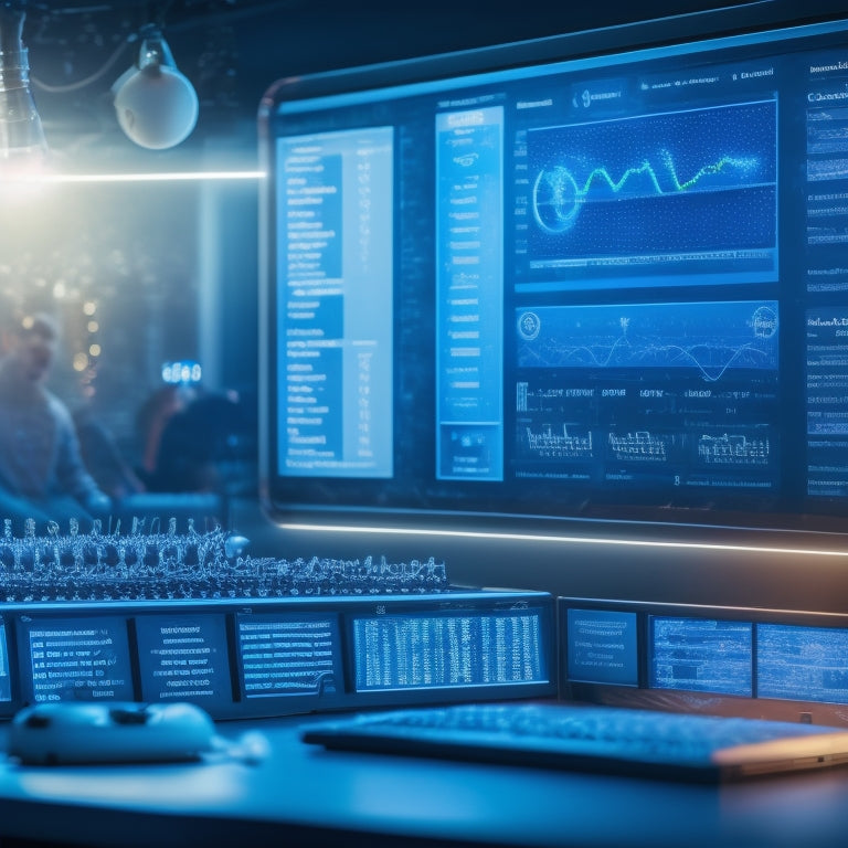 A futuristic dashboard with interconnected gears, charts, and graphs, surrounded by glowing light bulbs, with a subtle background of a classroom full of diverse students engaged in math activities.