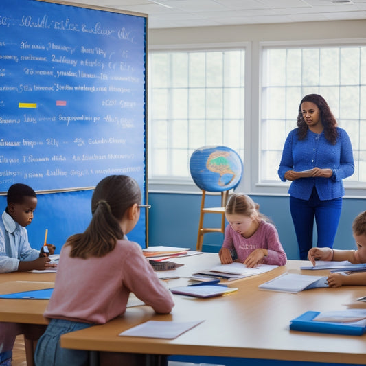 A bright, organized classroom with a chalkboard filled with math problems, colorful charts, and graphs, surrounded by students' work and a teacher's desk with open textbooks and calculators.