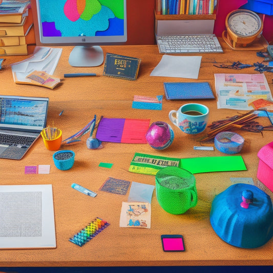 A cluttered teacher's desk with scattered papers, pencils, and empty coffee cups, surrounded by open laptops, tablets, and a whiteboard with complex math equations, amidst a background of colorful STEM-themed posters.