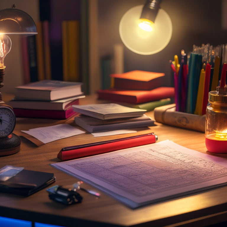 A tidy desk with a single, glowing lamp, surrounded by organized math textbooks, colorful pens, and a few strategically placed sticky notes, amidst a subtle background of gentle, swirling math symbols.