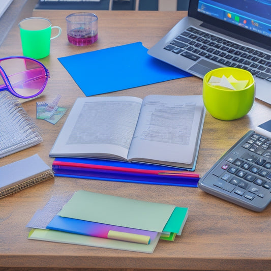 A clutter-free desk with a laptop open to a digital math textbook, surrounded by scattered math problems, graphs, and formulas on colorful sticky notes, with a pair of glasses and a pencil nearby.