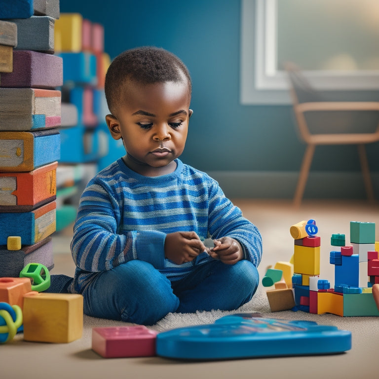 A colorful illustration of a young child sitting in front of a tablet, surrounded by building blocks, toys, and books, with a subtle background of coding and learning icons.