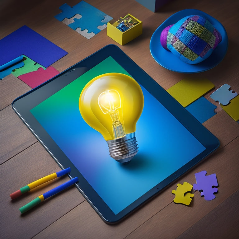 An illustration of a tablet surrounded by diverse, colorful puzzle pieces, each representing a unique learning style, with a bright lightbulb above, symbolizing personalized learning.