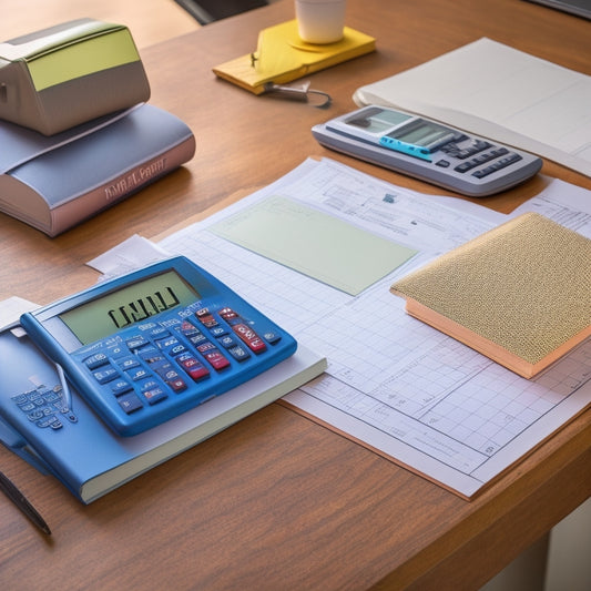 A clutter-free desk with an open math textbook, a calculator, a pencil case, and a single sheet of paper with a partially solved math problem, surrounded by a subtle background of graph paper.