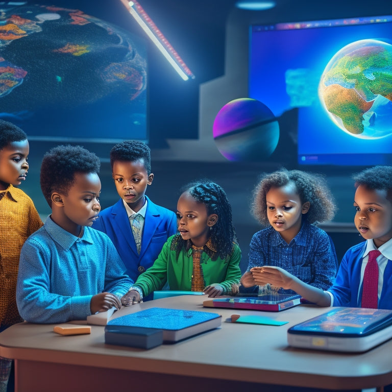 A colorful, futuristic classroom scene with interactive e-books and tablets surrounded by 3D holographic projections of alphabet blocks, planets, and historic figures, with excited children and teachers engaged in learning.