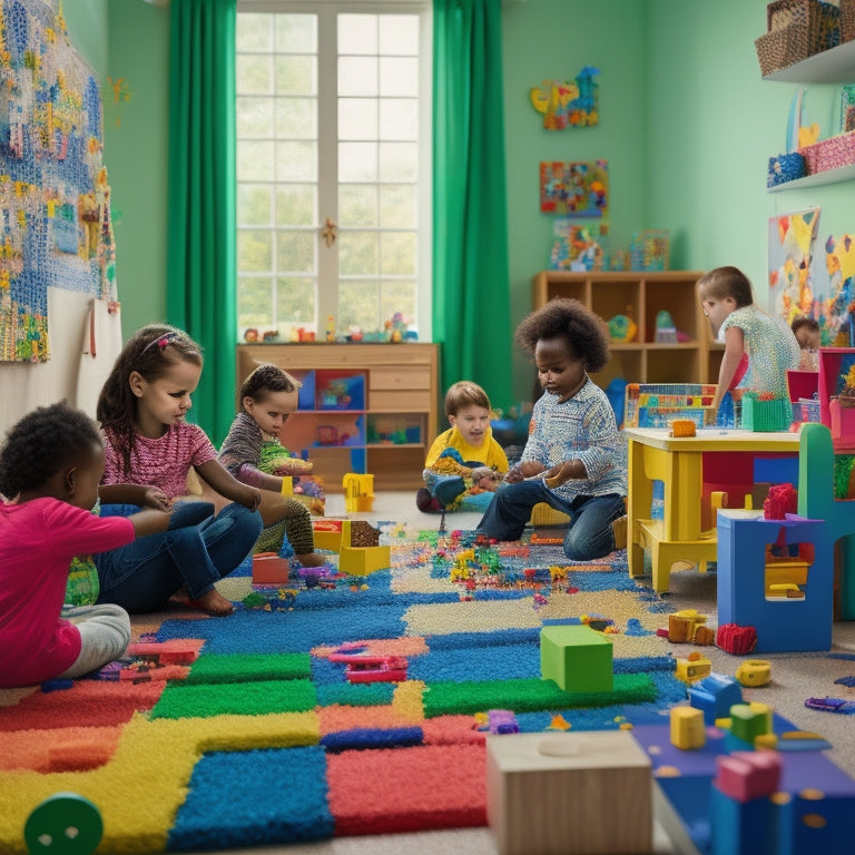 A colorful, clutter-free playroom with a diverse group of children (ages 4-8) engaged in various educational activities, surrounded by puzzles, building blocks, and interactive learning tools.