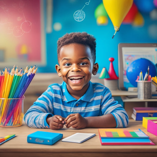 A colorful illustration of a smiling child sitting at a desk, surrounded by math textbooks and pencils, with a tablet or laptop open to a fun, animated math game in the foreground.