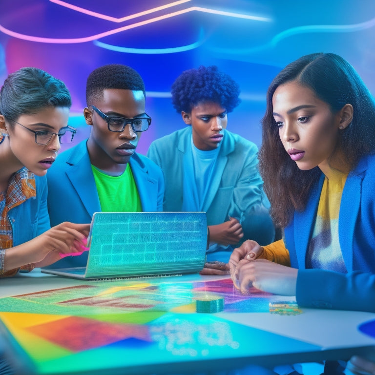 A colorful, futuristic virtual classroom scene with diverse students engaged on tablets, surrounded by swirling math symbols, formulas, and geometric shapes, amidst a subtle grid of coding lines and digital circuitry.