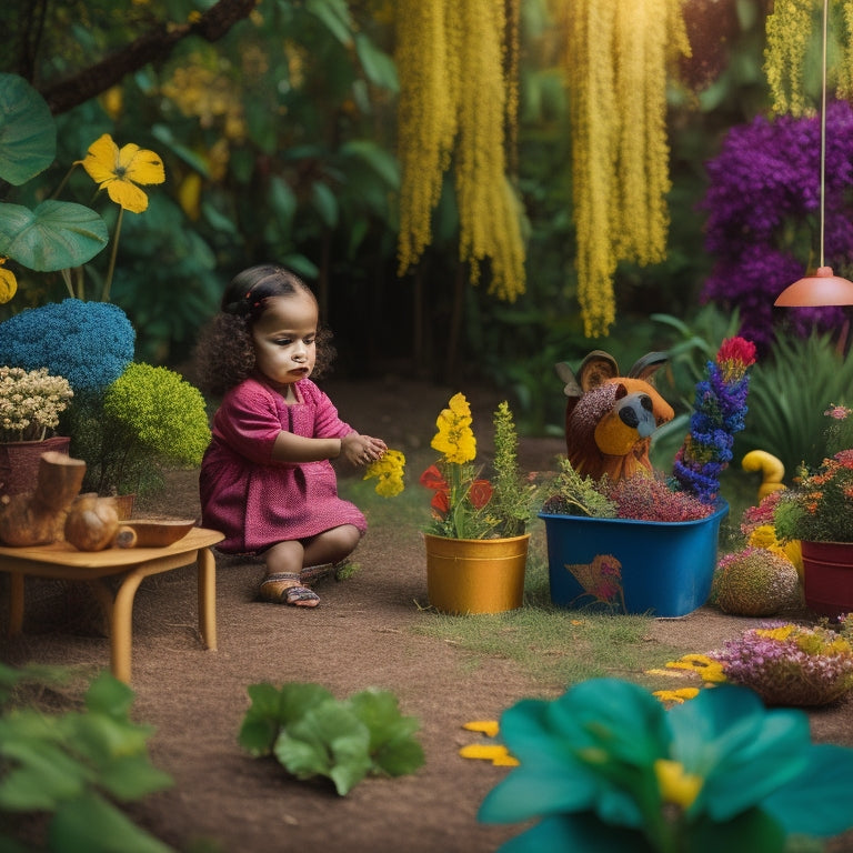 A whimsical, colorful scene featuring a 3-year-old child playing with eco-friendly toys made from natural materials like wood, bamboo, and recycled fabrics, surrounded by lush greenery and blooming flowers.