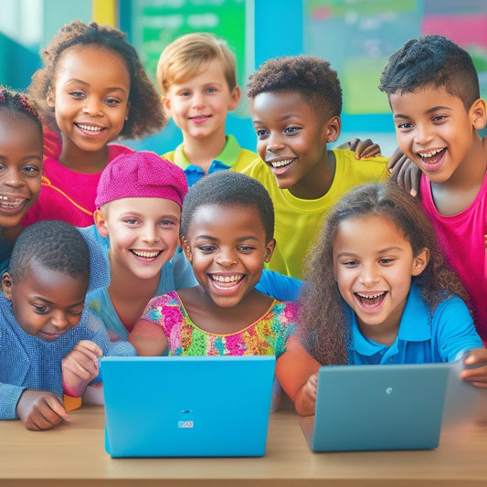 A vibrant, colorful illustration of a diverse group of elementary students gathered around a tablet, laptops, and desktop computers, engaged in various digital learning activities with joyful expressions.