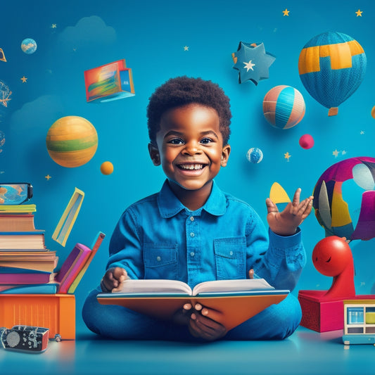 A colorful illustration of a smiling child sitting in front of a tablet, surrounded by floating icons of educational subjects (e.g. globe, ABC blocks, calculator), with a subtle background of bookshelves and stars.