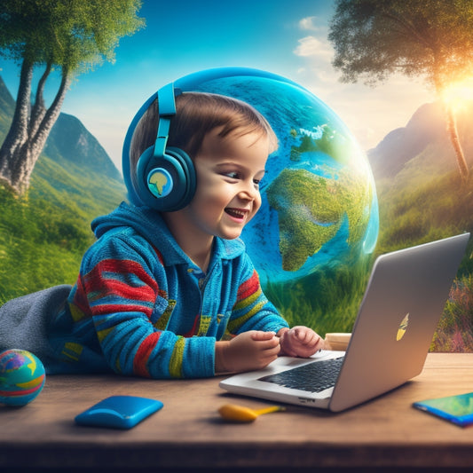 A colorful illustration of a smiling child sitting in front of a laptop, surrounded by virtual 3D elements of nature (trees, fish, clouds) with a subtle globe in the background.