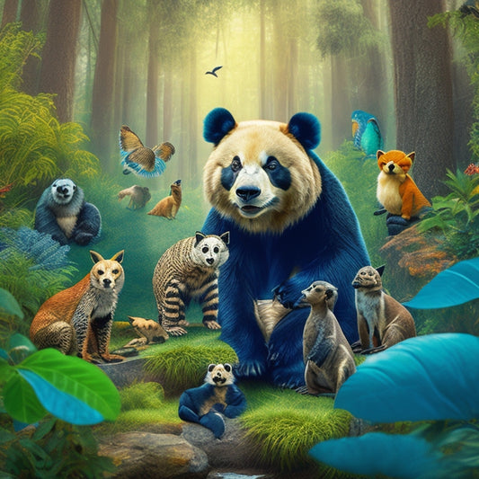 A whimsical illustration of a curious child, surrounded by various mammal friends, including a giant panda, a kangaroo, and a wise-looking owl, amidst a lush, vibrant forest backdrop.