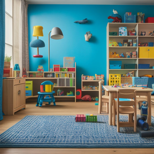A colorful, clutter-free playroom with a curious 5-year-old surrounded by educational toys, including a wooden abacus, a shape-sorting puzzle, and a mini microscope, amidst a scattered array of building blocks.