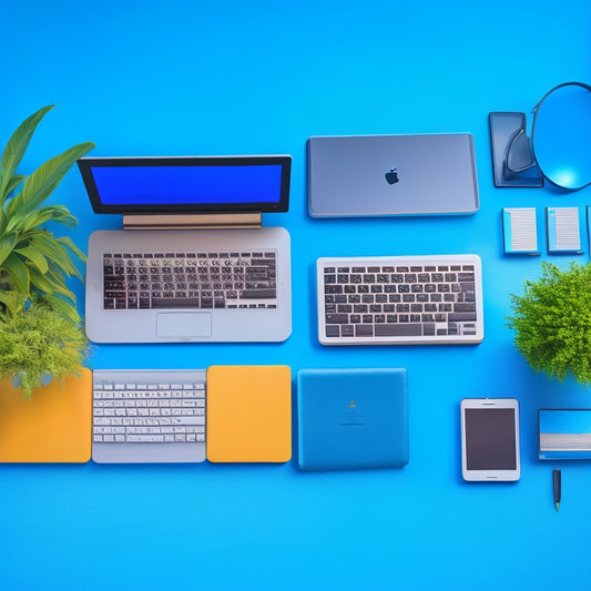 A colorful, clutter-free desk with five open laptops or tablets, each displaying a different digital textbook, surrounded by a few pens, a calculator, and a small plant, set against a soft blue background.