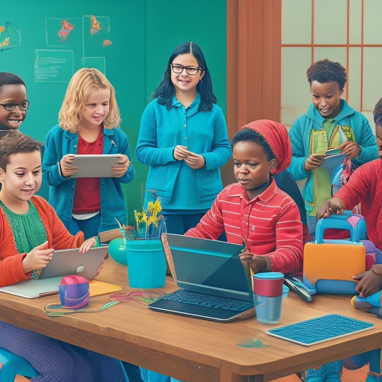 An illustration of a diverse group of special needs students, each engaged with a tablet or laptop, surrounded by assistive technology devices, learning aids, and colorful adaptive tools in a bright, inclusive classroom.