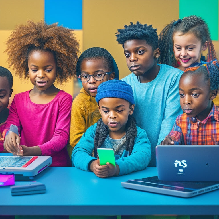 A colorful illustration of diverse children aged 6-12 engaged in various digital learning activities, surrounded by laptops, tablets, and educational apps, with subtle hints of coding, robotics, and virtual reality.